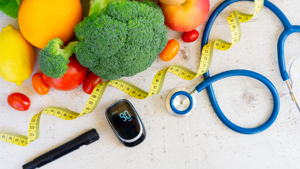 Photo de fruits et légumes frais accompagnés d'un stétoscope symbolisant le bien-être et la santé. L'image met en avant l'importance d'une alimentation saine pour maintenir une bonne santé physique et mentale.